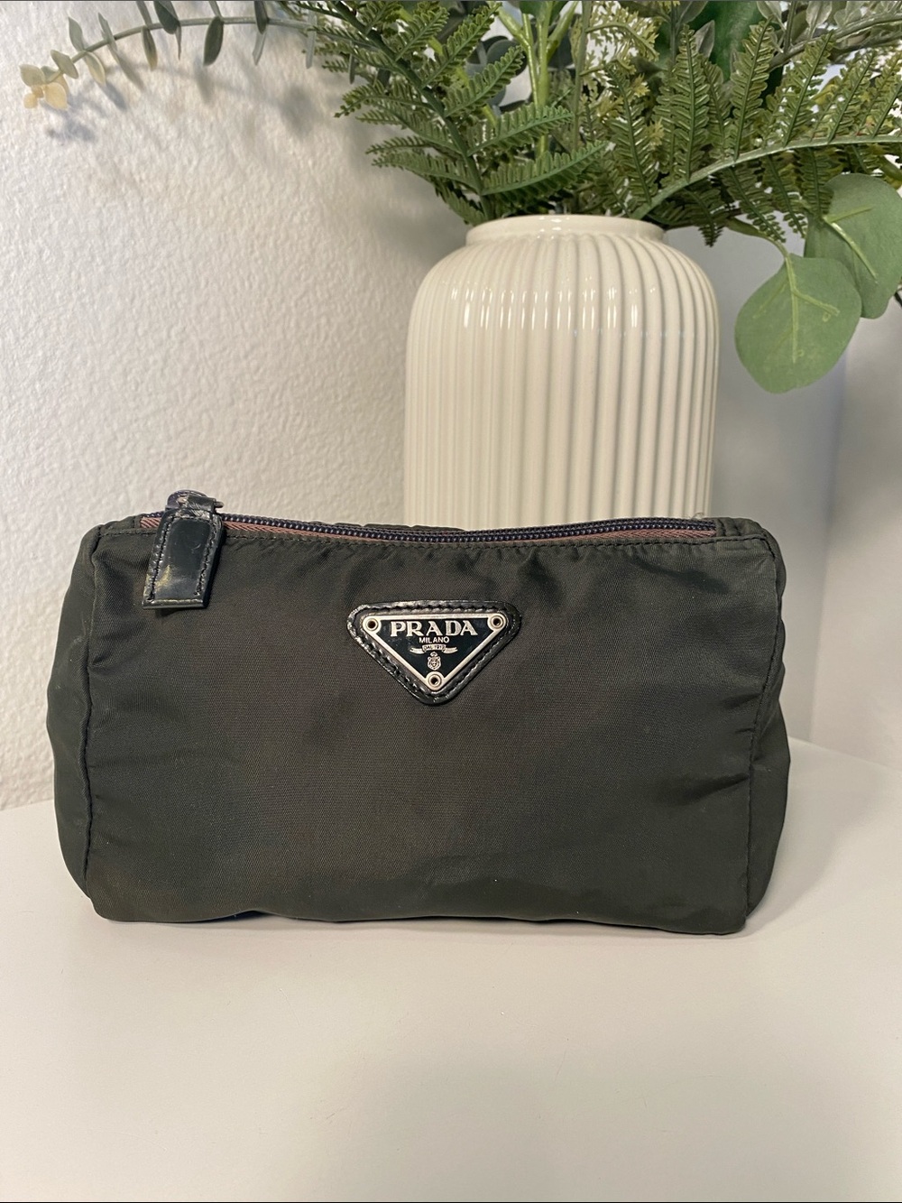 PRADA Tessuto Vela Cosmetic Pouch in Dark Khaki Green